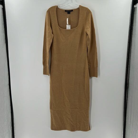 French Connection Square Neck Ribbed Midi Sweater Dress - Camel - Medium - NWT - Picture 1 of 7